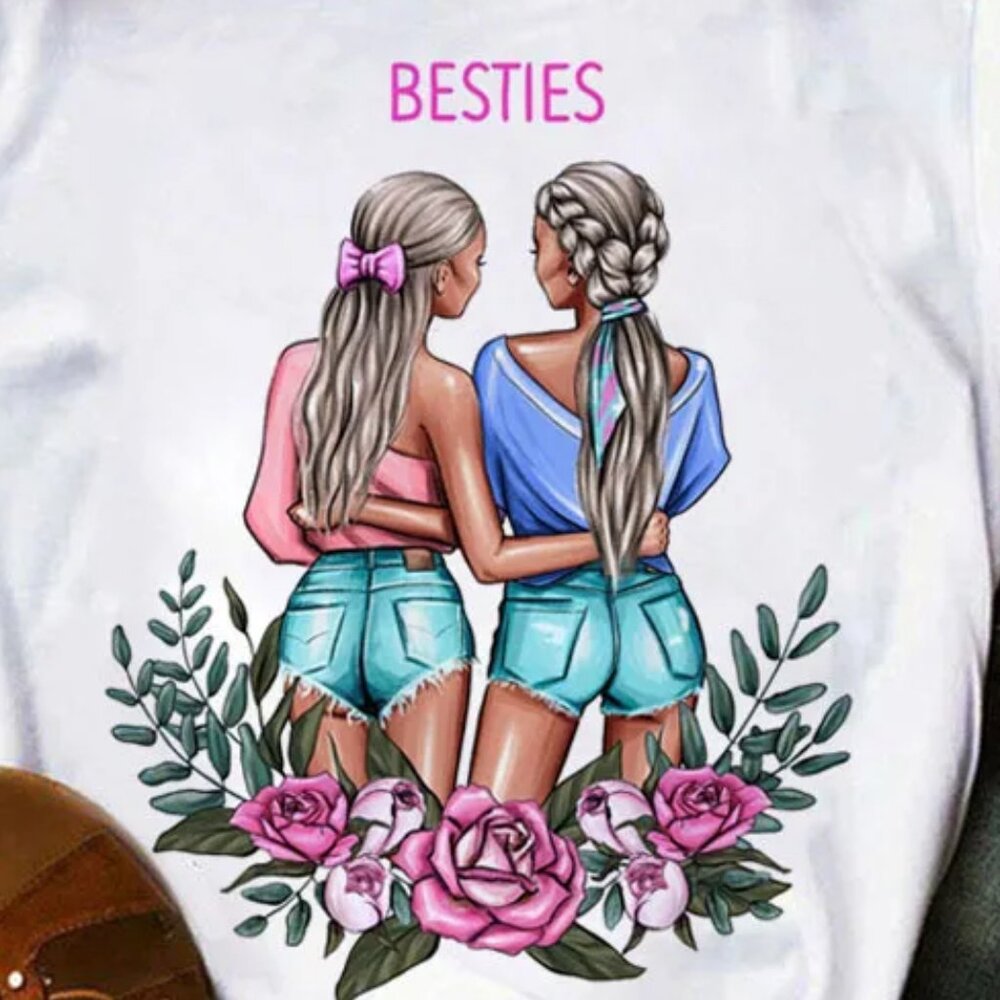 Best Friends #4 Printed Round Neck Short-Sleeved Women T-Shirt Size LARGE